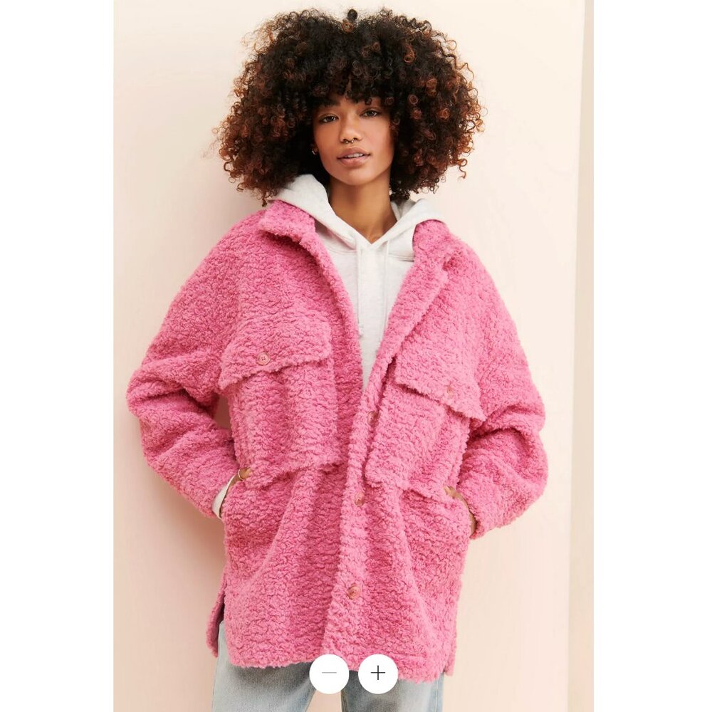 English Factory Oversized Fuzzy Sherpa Shirt Jacket Shacket Size S/M Pink Boxy